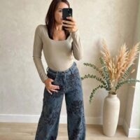 Jeans ricamo floreale velluto